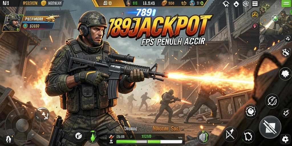 Screenshot utama 789JACKPOT menampilkan aksi menembak yang intens.