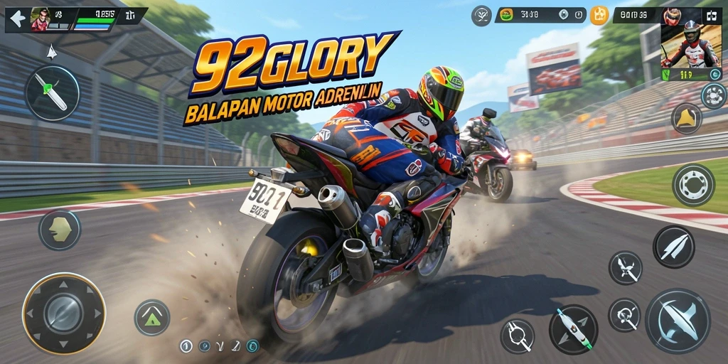 Tampilan layar utama 92GLORY dengan aksi balapan motor yang mendebarkan.