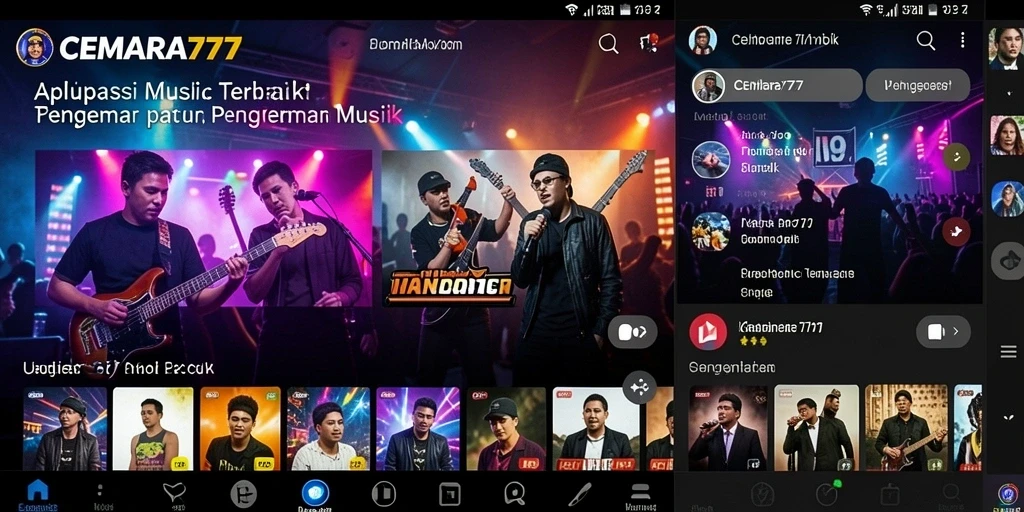 Screenshot utama CEMARA777 menampilkan antarmuka aplikasi Music dengan berbagai lagu.