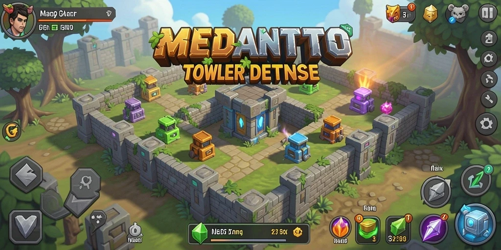 Screenshot gameplay MEDANTOTO yang menunjukkan menara bertempur melawan musuh.