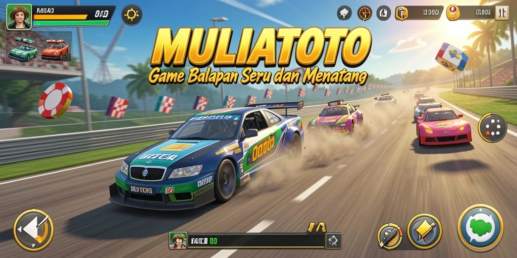 Screenshot gameplay <strong>MULIATOTO</strong> yang menunjukkan aksi balapan seru di lintasan.