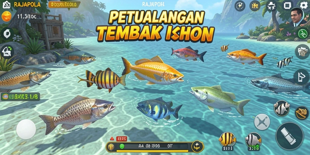 Tampilan permainan RAJAPOLA dengan aksi menembak ikan yang menyenangkan.